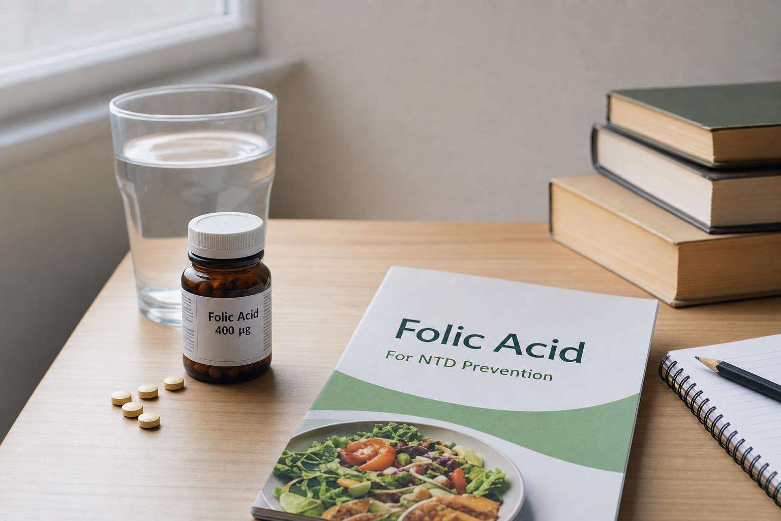 Prenatal vitamin bottle and calendar marking preconception month, no brand logos