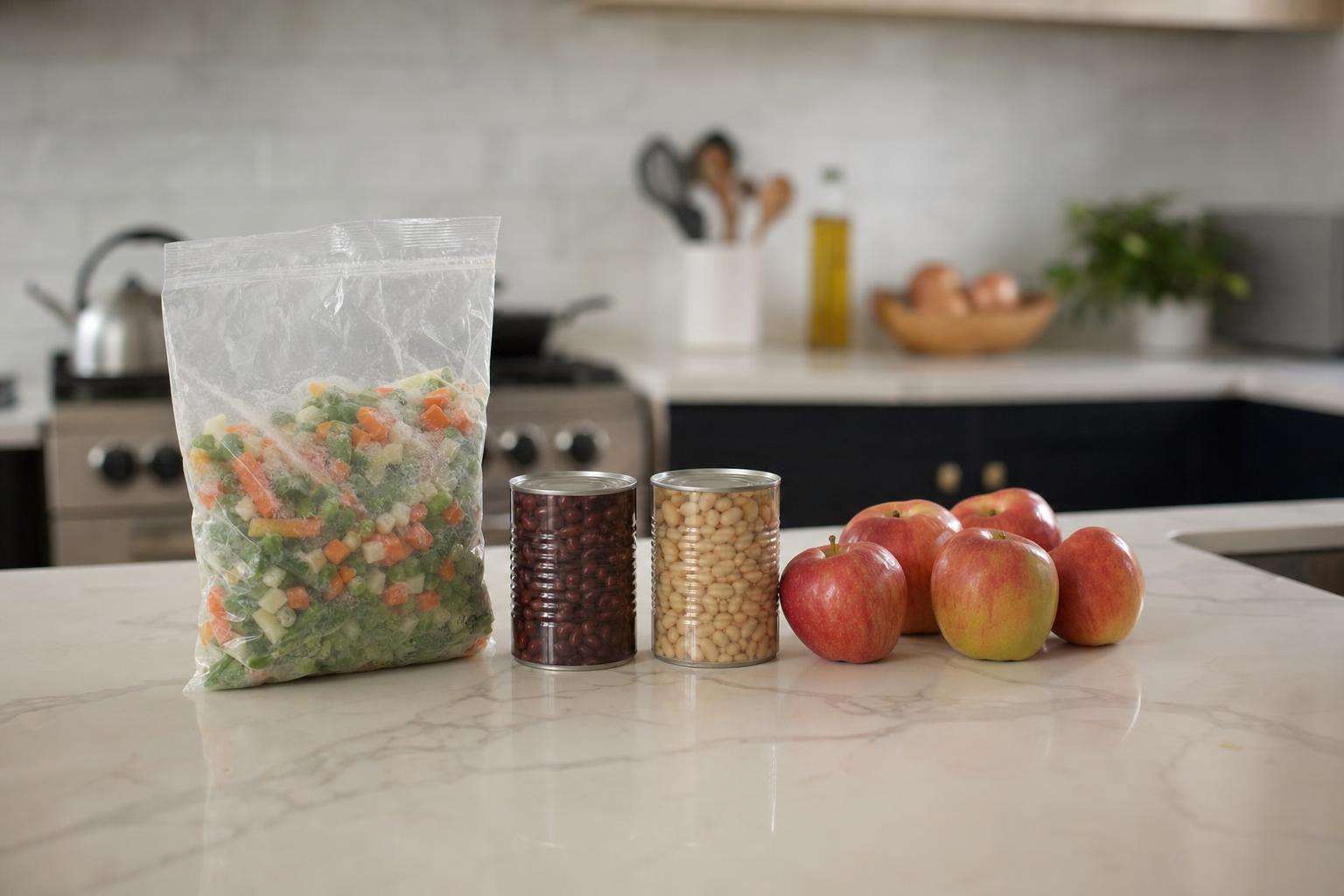 Affordable frozen vegetables and pantry staples beside fresh produce, no people