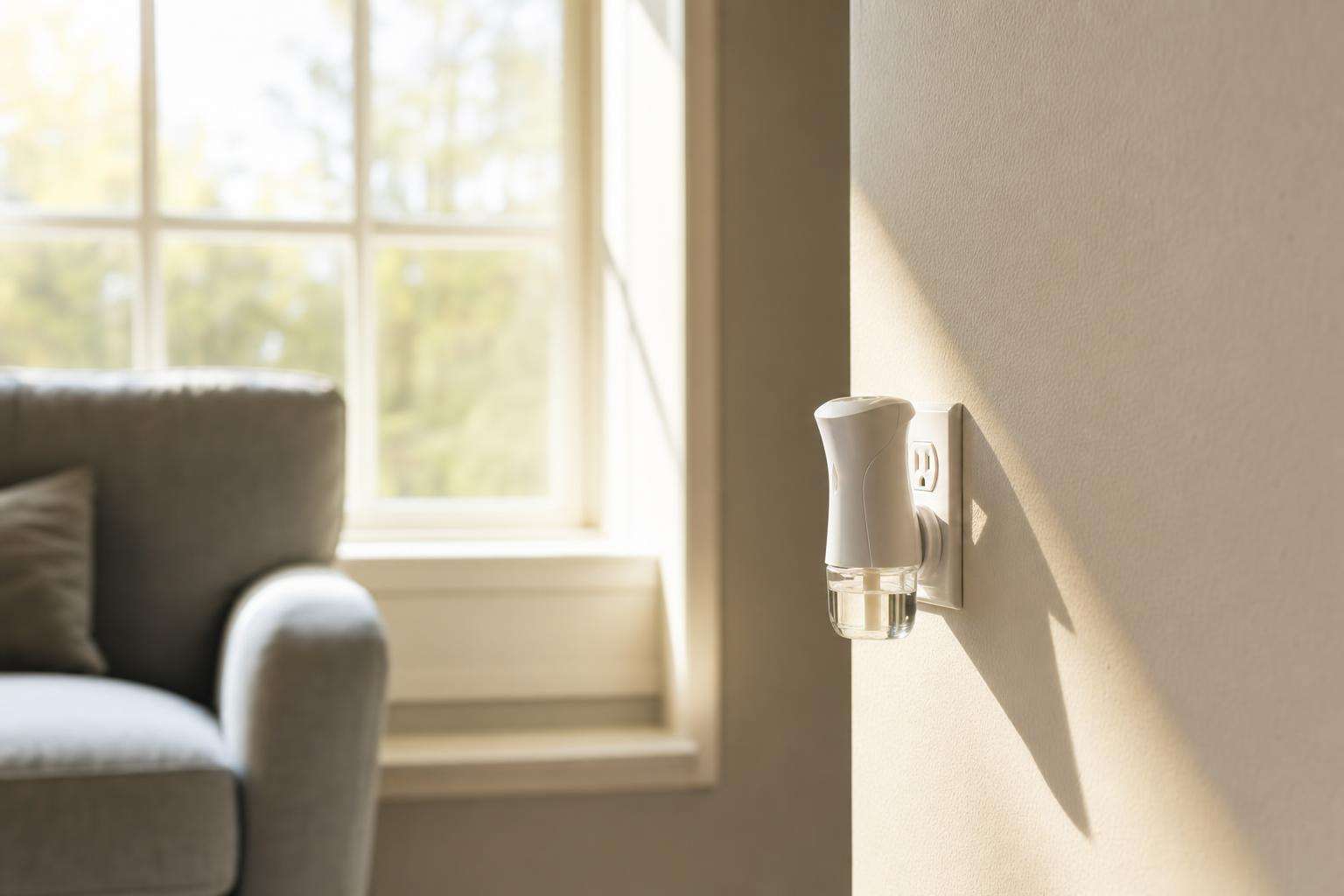 Plug-in air freshener on a wall outlet near a window with outdoor trees visible through glass