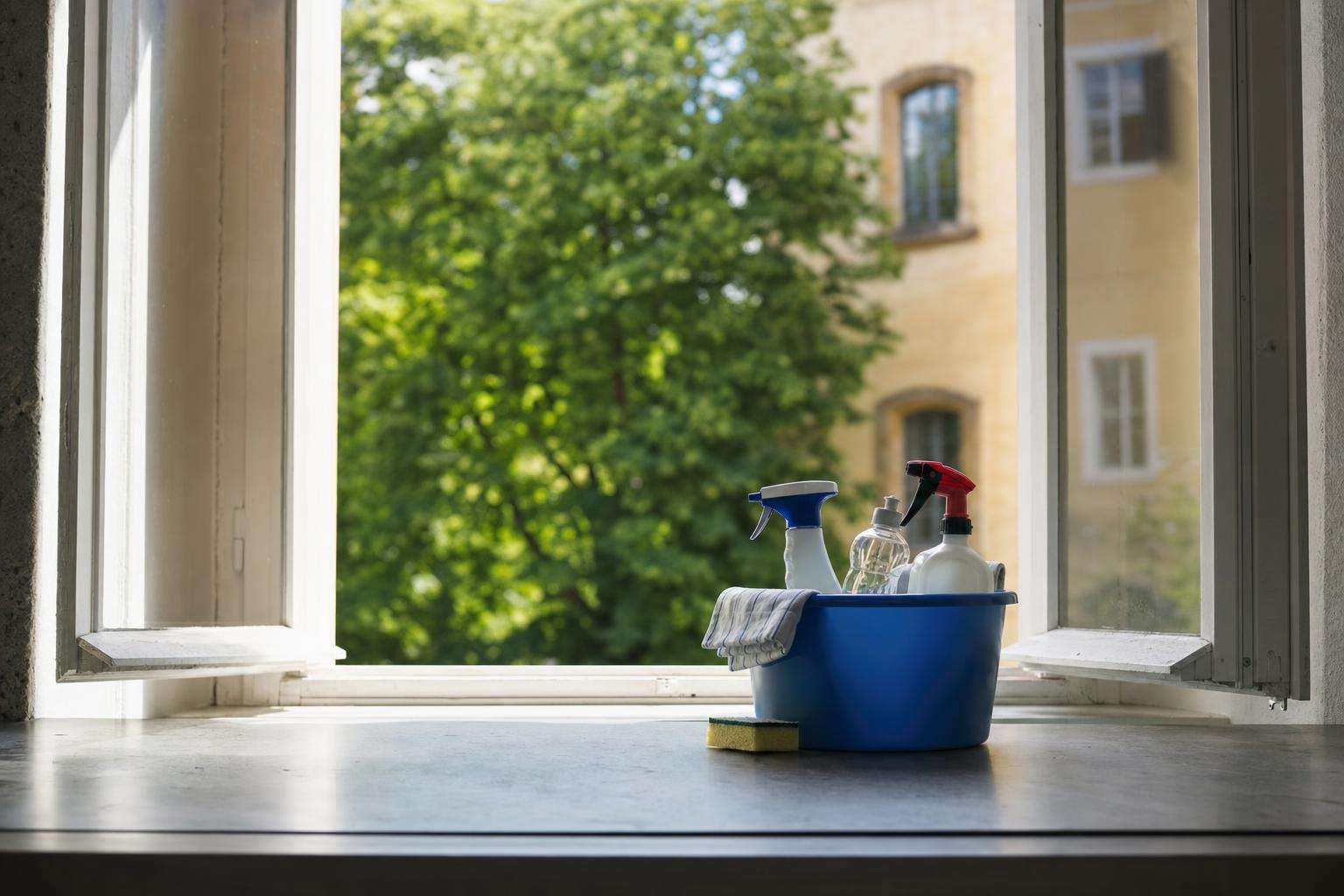 Open window with clean air symbol and sealed air-freshener bottle set aside, no people
