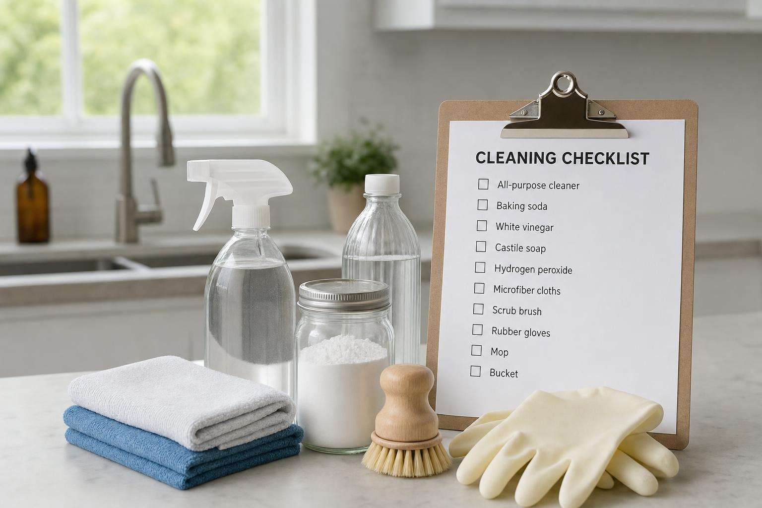 Checklist notebook beside fragrance-free detergent and plain lotion, no people