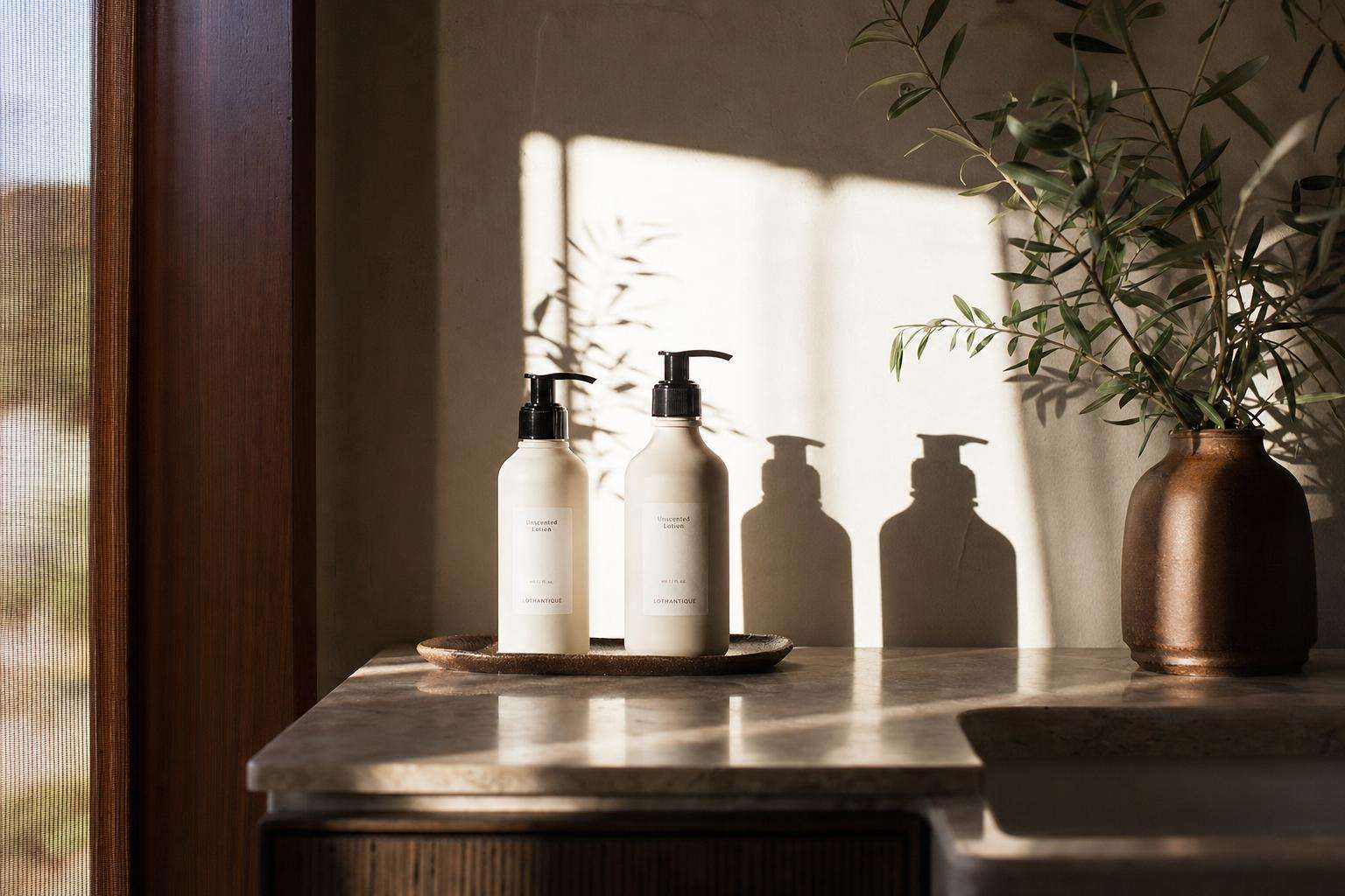 Soft-focus vanity with minimal fragrance-free skincare bottles, no people
