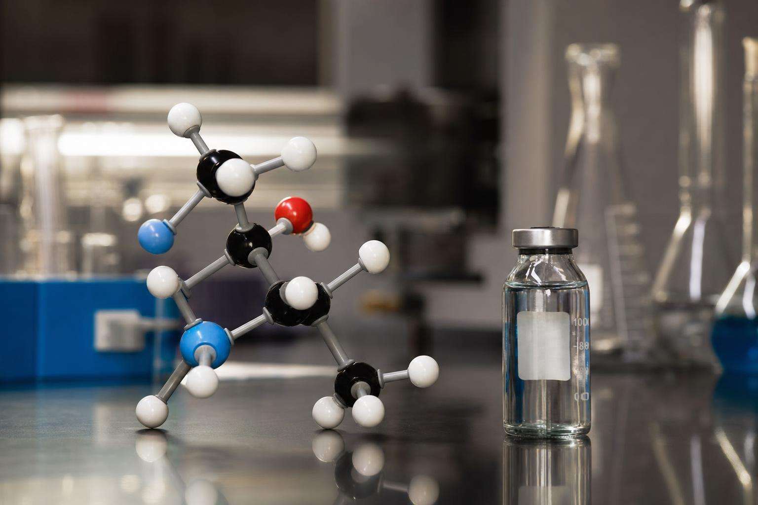 Abstract molecular model and perfume bottle on dark laboratory table, no people