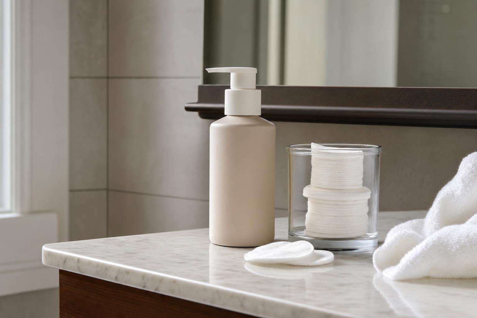 Simple unscented lotion bottle and cotton pads on a bathroom counter, no people