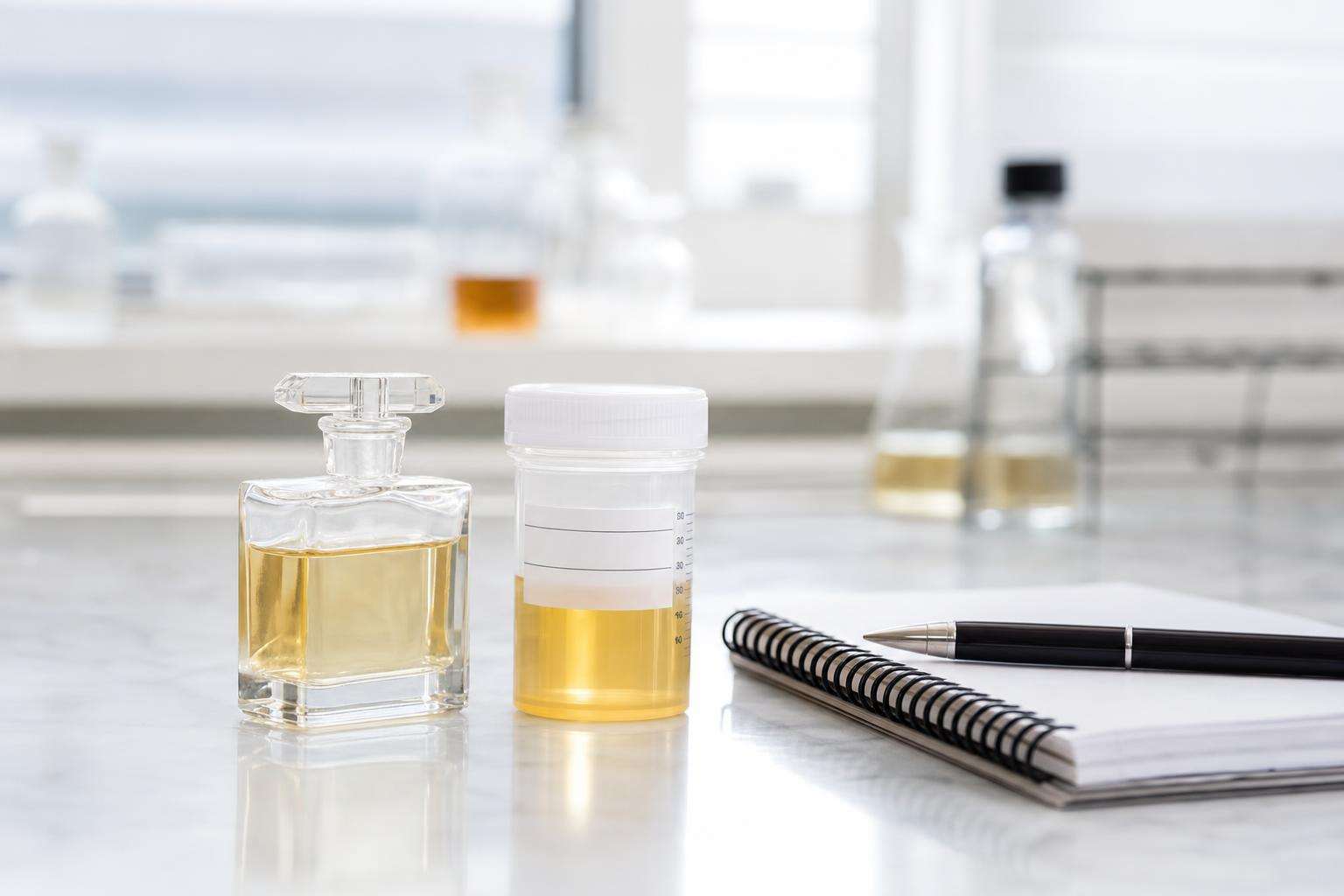 Perfume bottle beside lab urine specimen cup and chemical structure sketch, no people