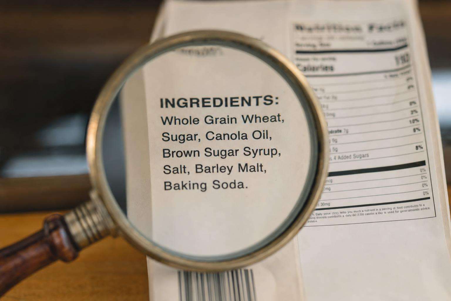 Magnifying glass over cosmetics ingredient list on bottle, no people