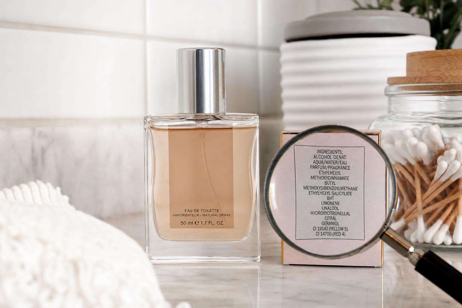 Perfume bottle and product ingredient label with the word fragrance highlighted under a magnifying glass