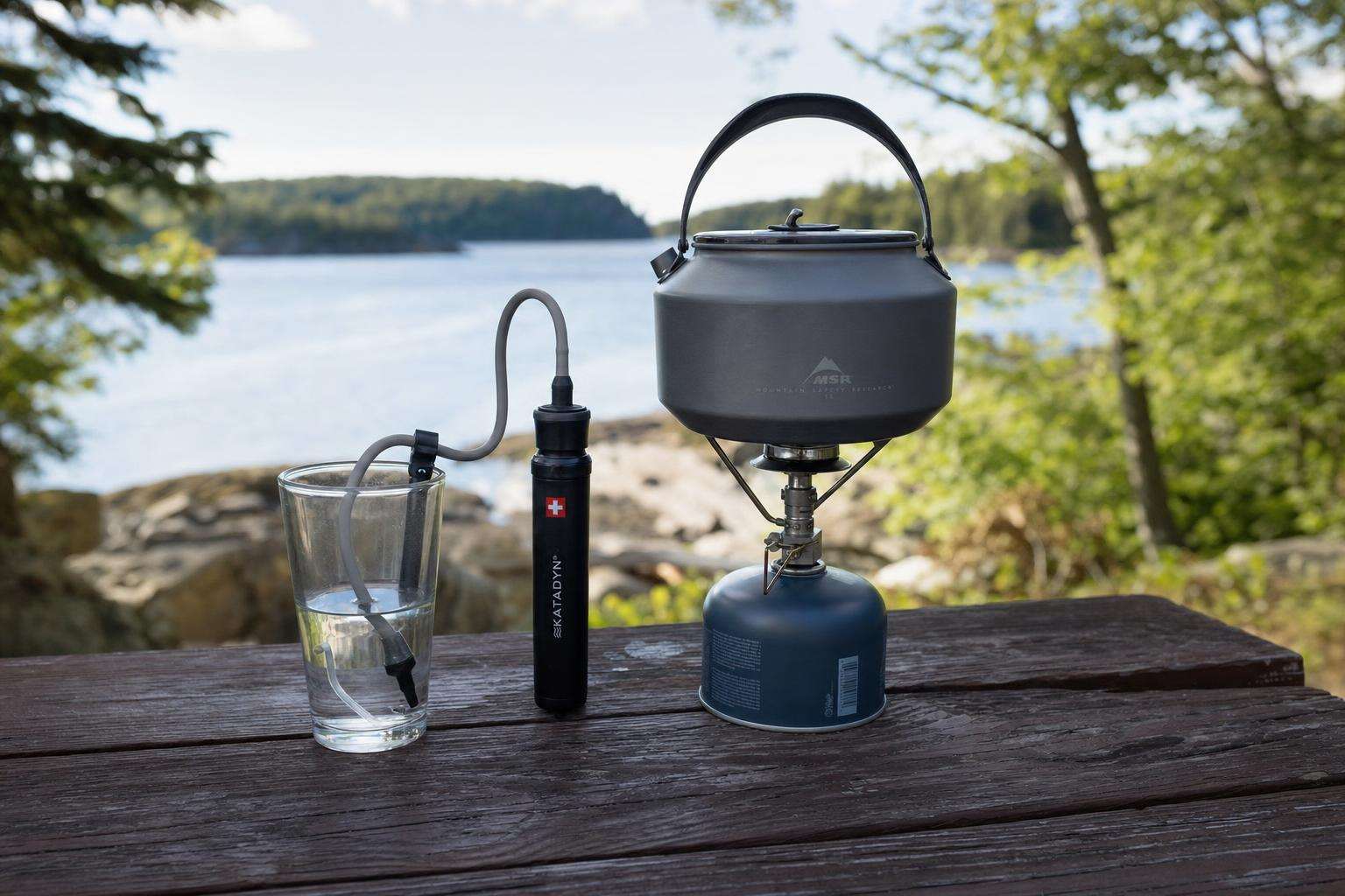 Clear drinking glass of water beside a portable water filter bottle and a camp stove kettle
