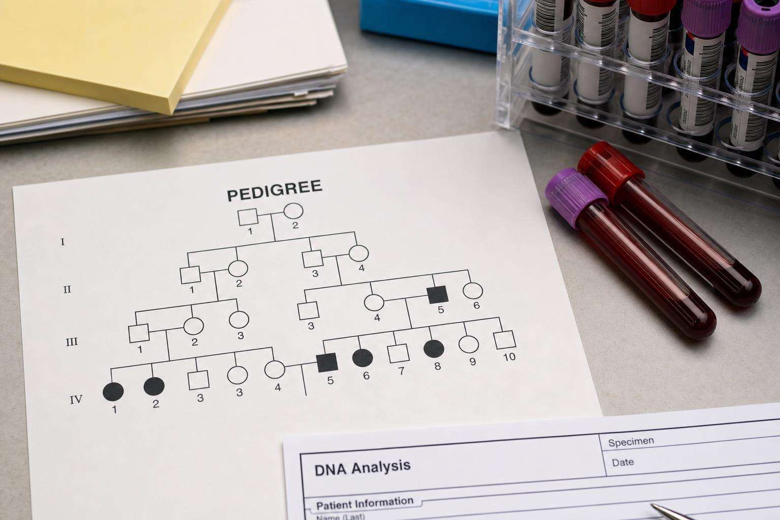 Family pedigree chart with lab tubes, no people faces