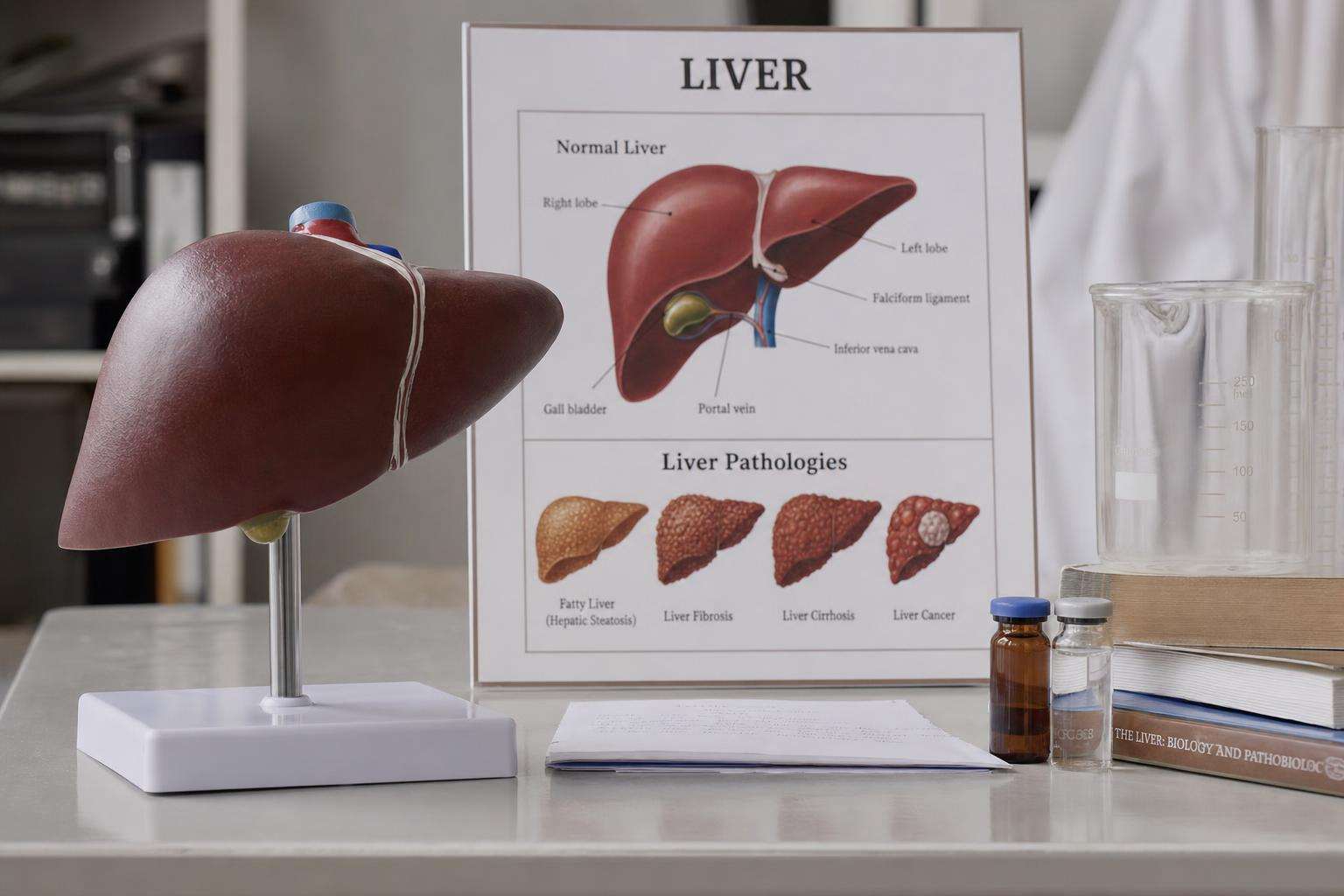 Liver model and ferritin chart on clinical desk, no people