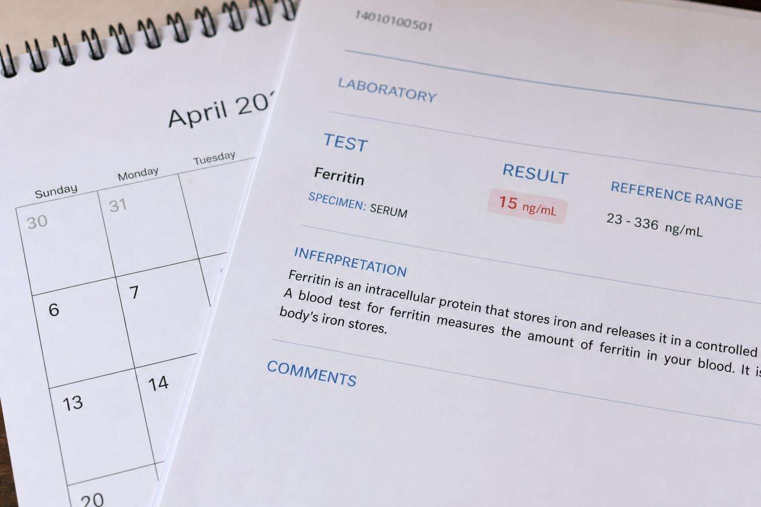 Calendar and ferritin lab slip with soft clinical props, no people