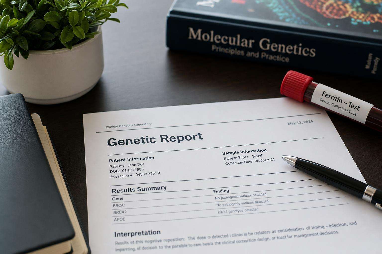 Genetic report printout with iron panel results, no people