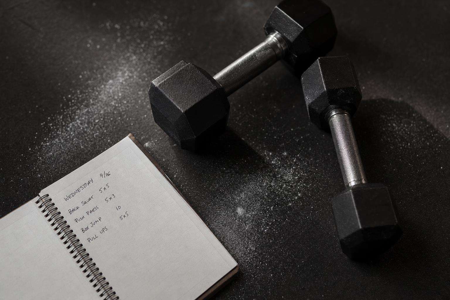 Dumbbells and training log notebook on gym floor, no people
