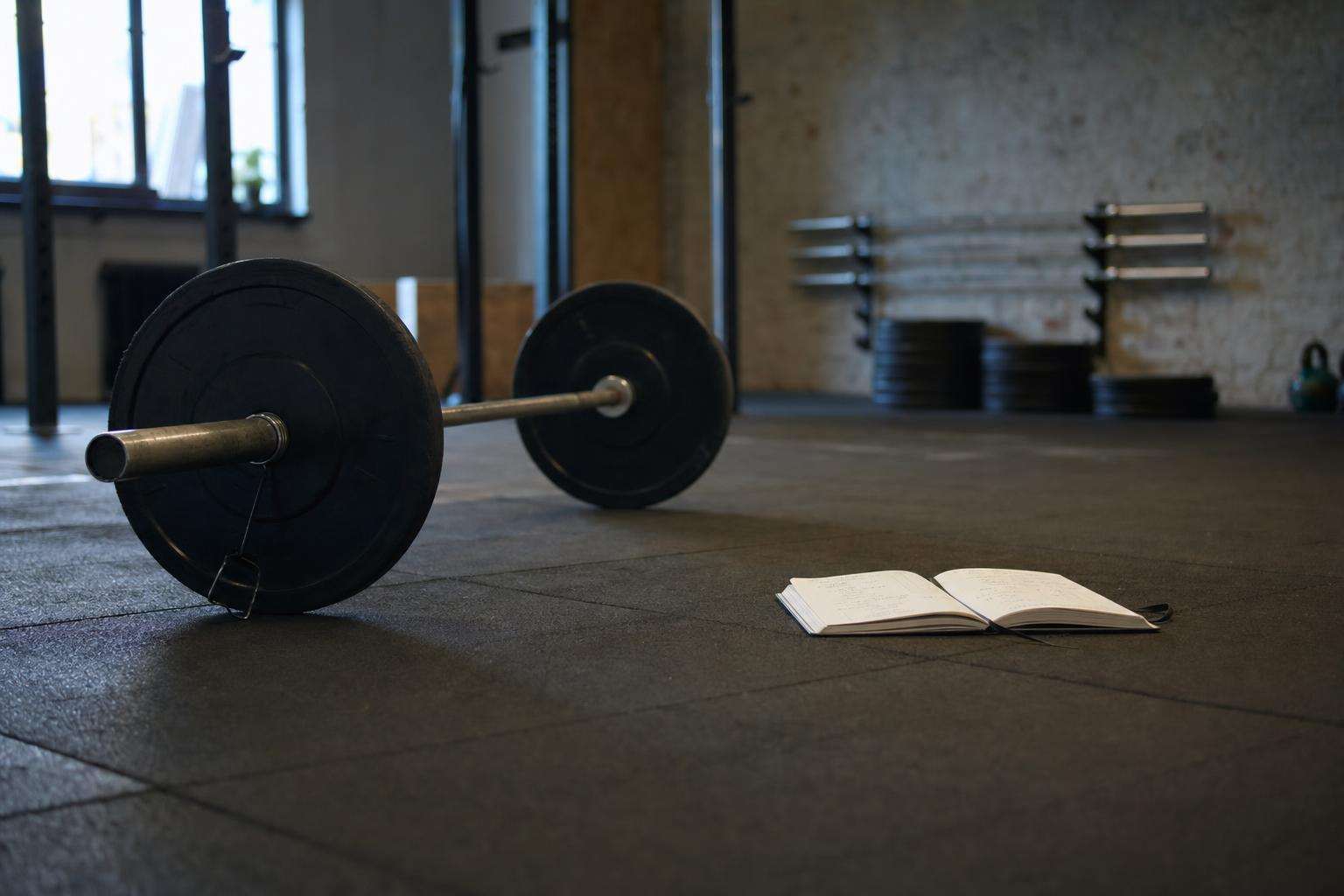 Barbell and training notebook on gym floor, no people