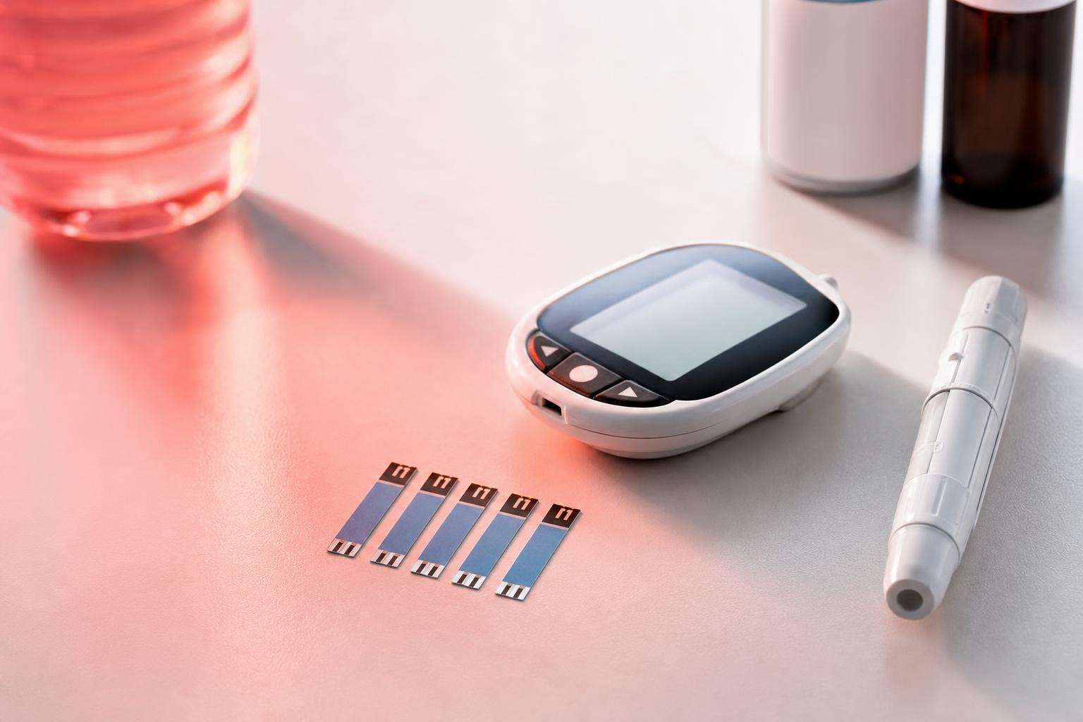 Clinical glucose meter and abstract red light gradient on a clean lab surface, no people