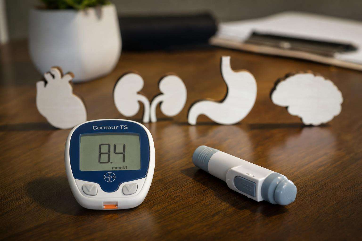 Scientific diagram style still life with muscle liver fat icons and glucose meter, no people