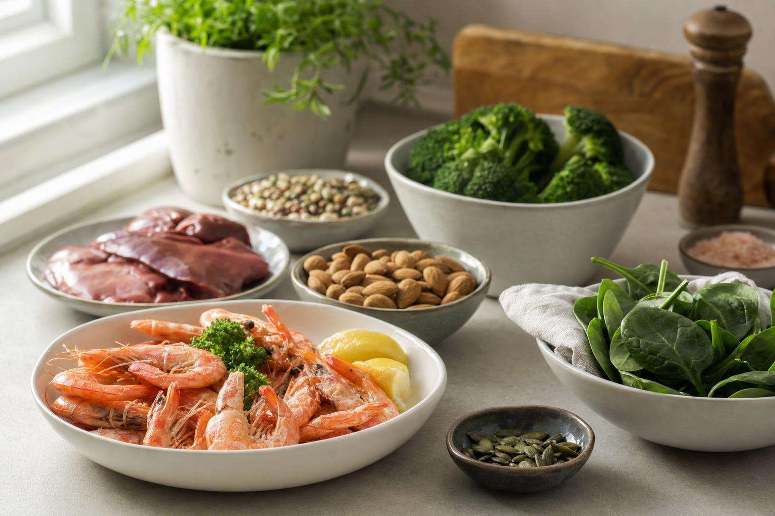 Iron-free multivitamin bottle and cooked shellfish plate concept, kitchen light, no people