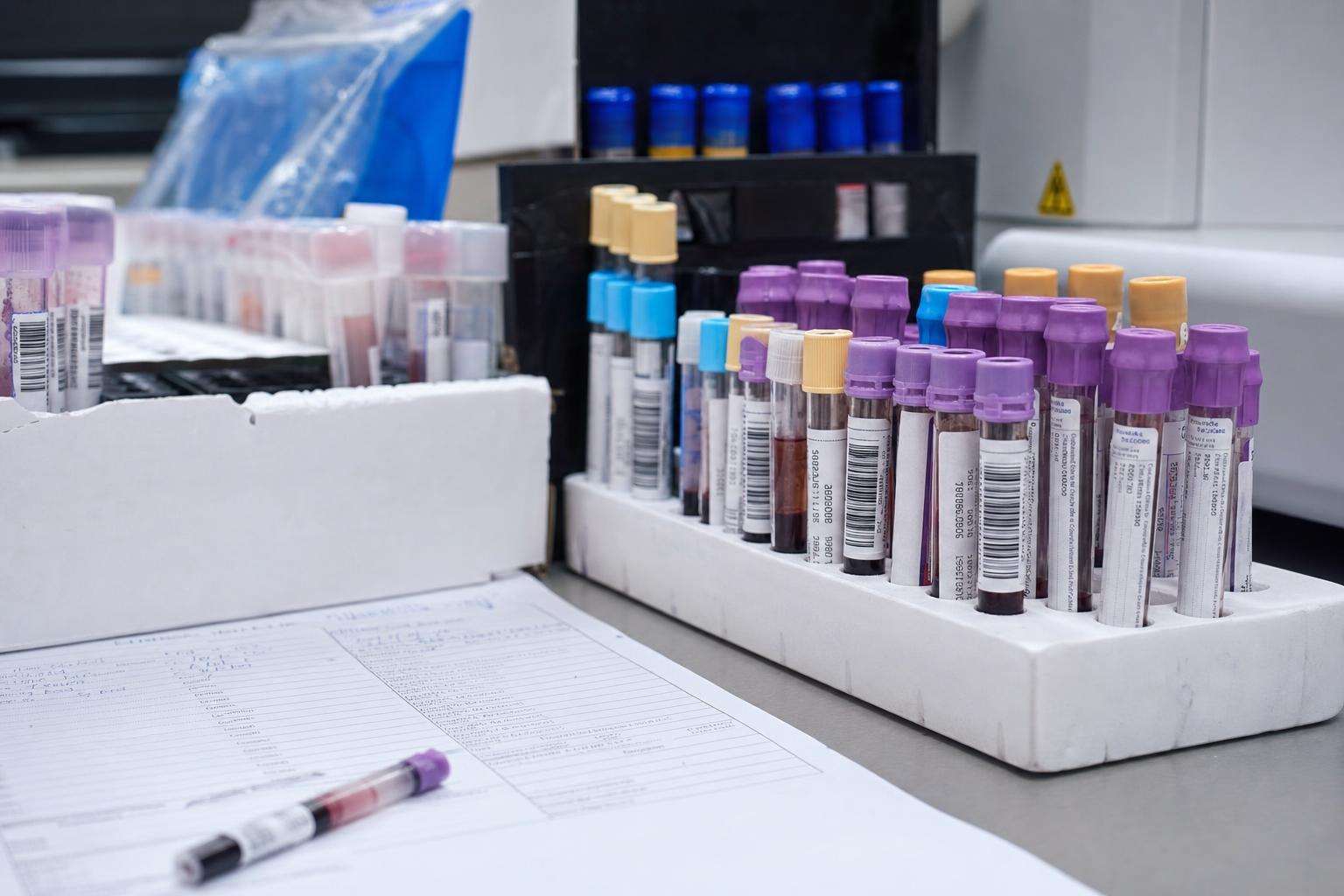 Blood test tubes and ferritin lab printout concept on white desk, no people