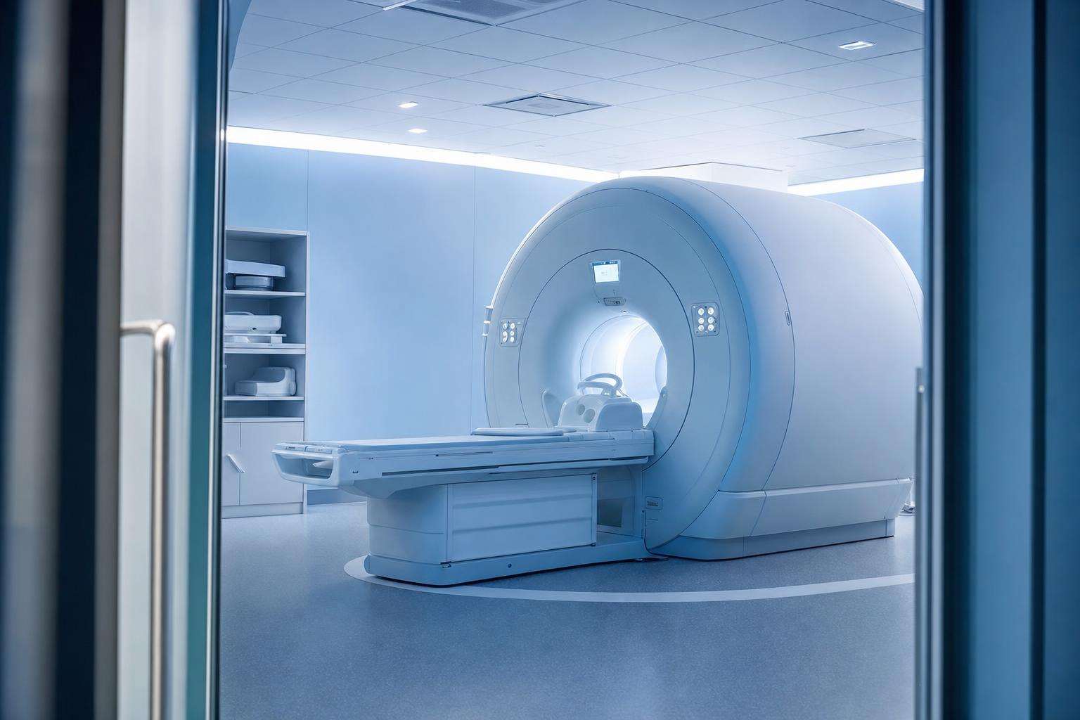 MRI scanner gantry empty room clinical lighting no people