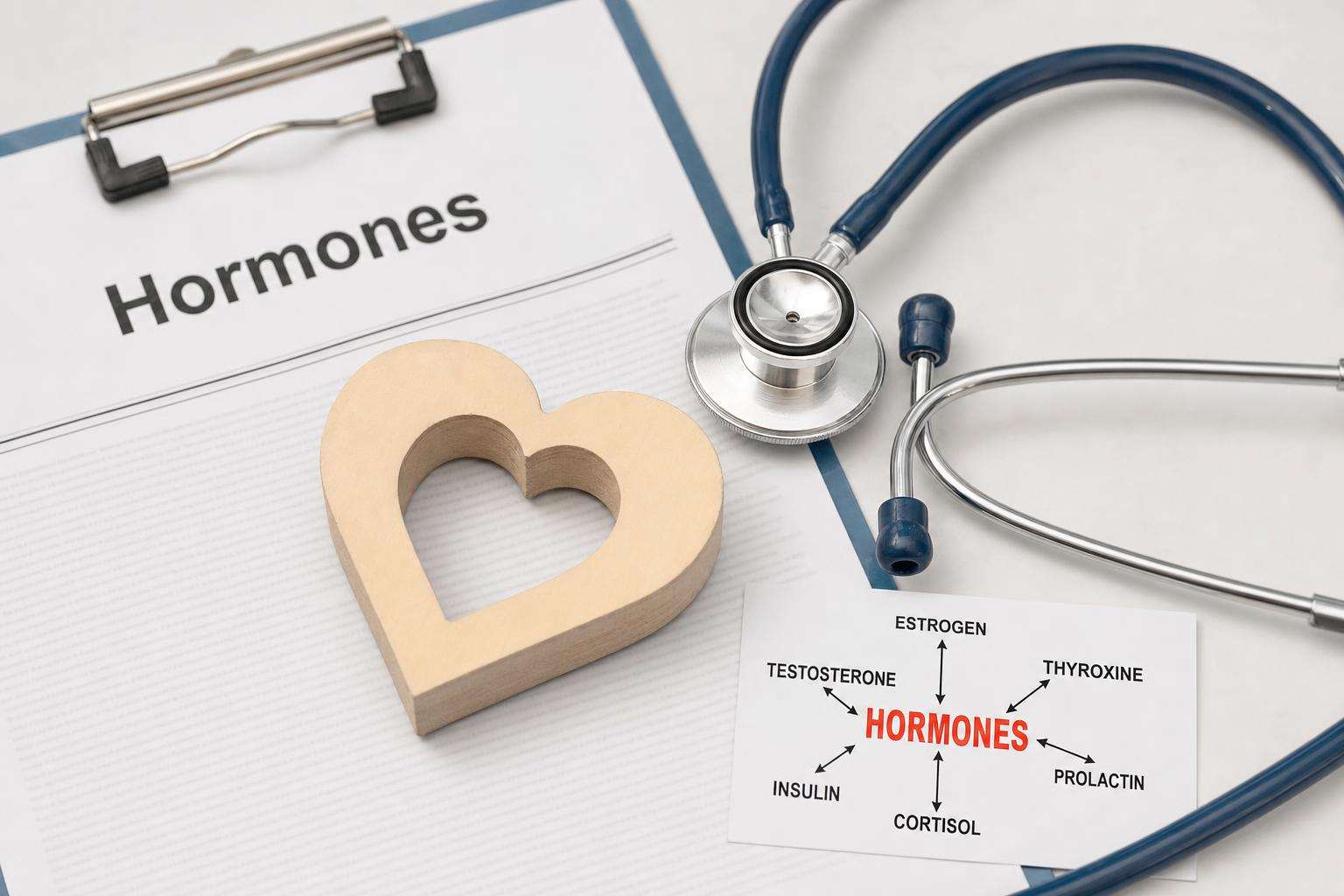 Cardiology and endocrinology icons with iron molecule illustration, abstract medical flat lay, no people