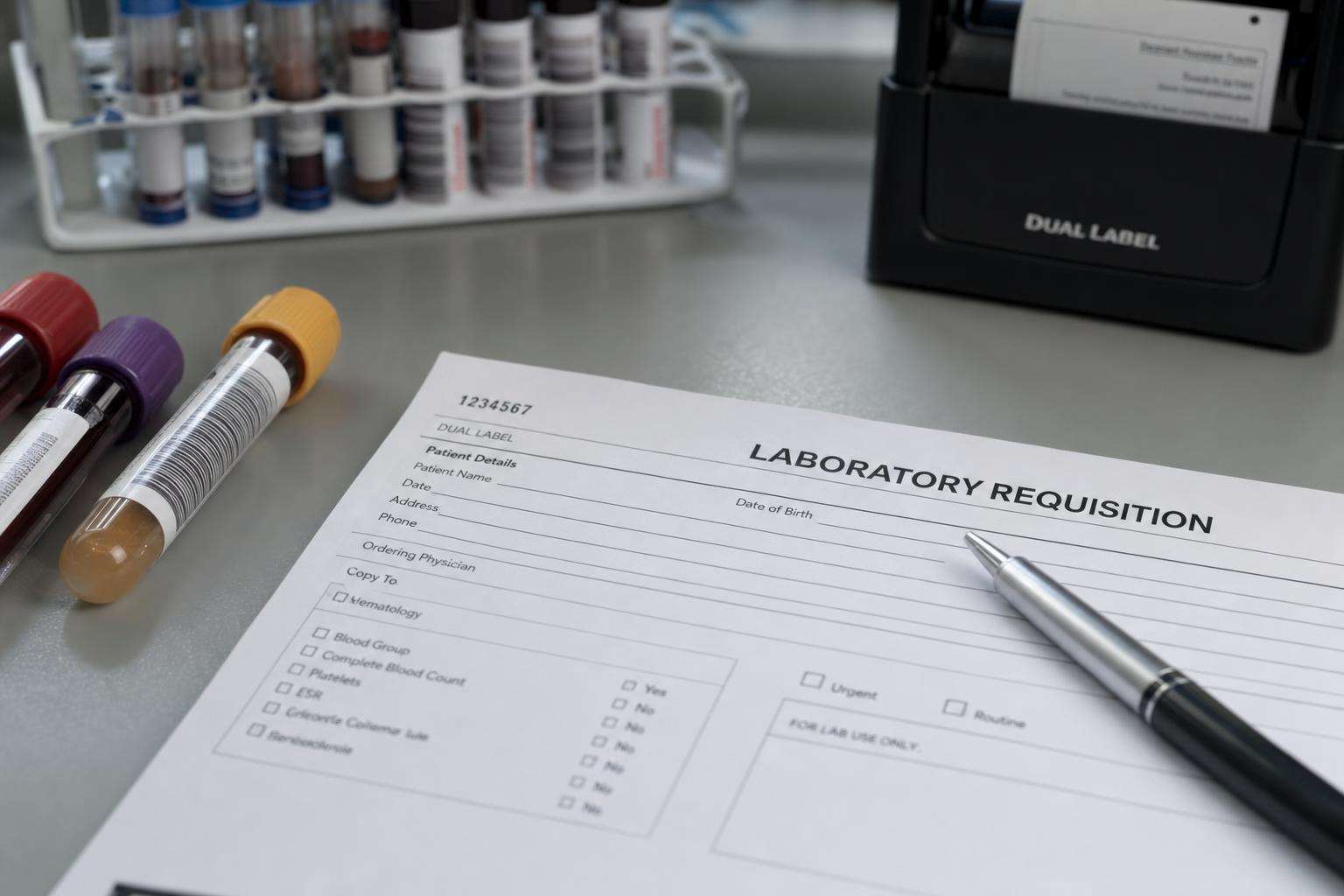 Iron panel lab requisition and serum tubes on clinic desk, no people