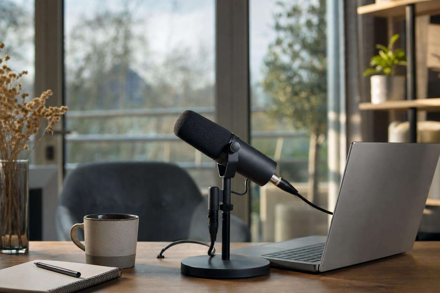 Podcast microphone and laptop on empty wooden table, no people