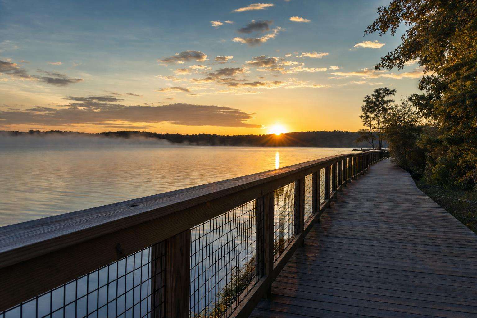 Sunrise light over an empty coastal boardwalk railing with cool morning air, no people
