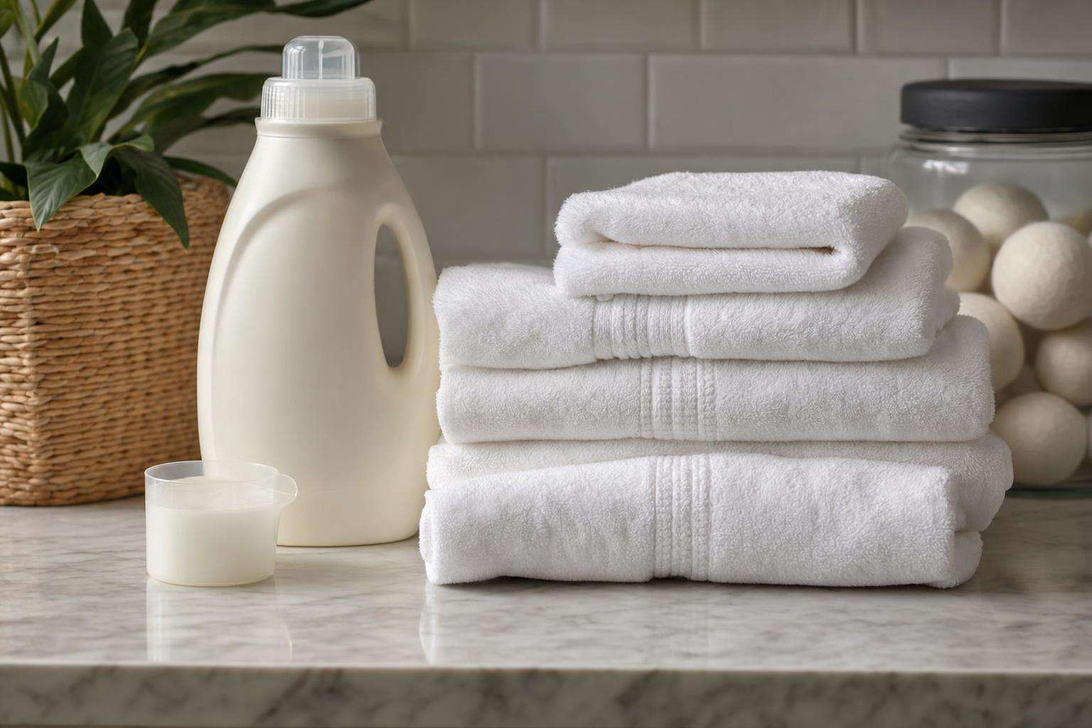 Laundry basket, detergent bottle, and plain white towels, no people
