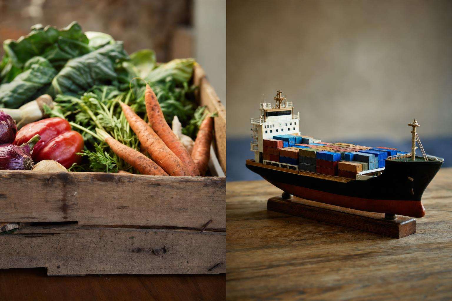 World map sketch beside local farm crate and shipping container model, no people