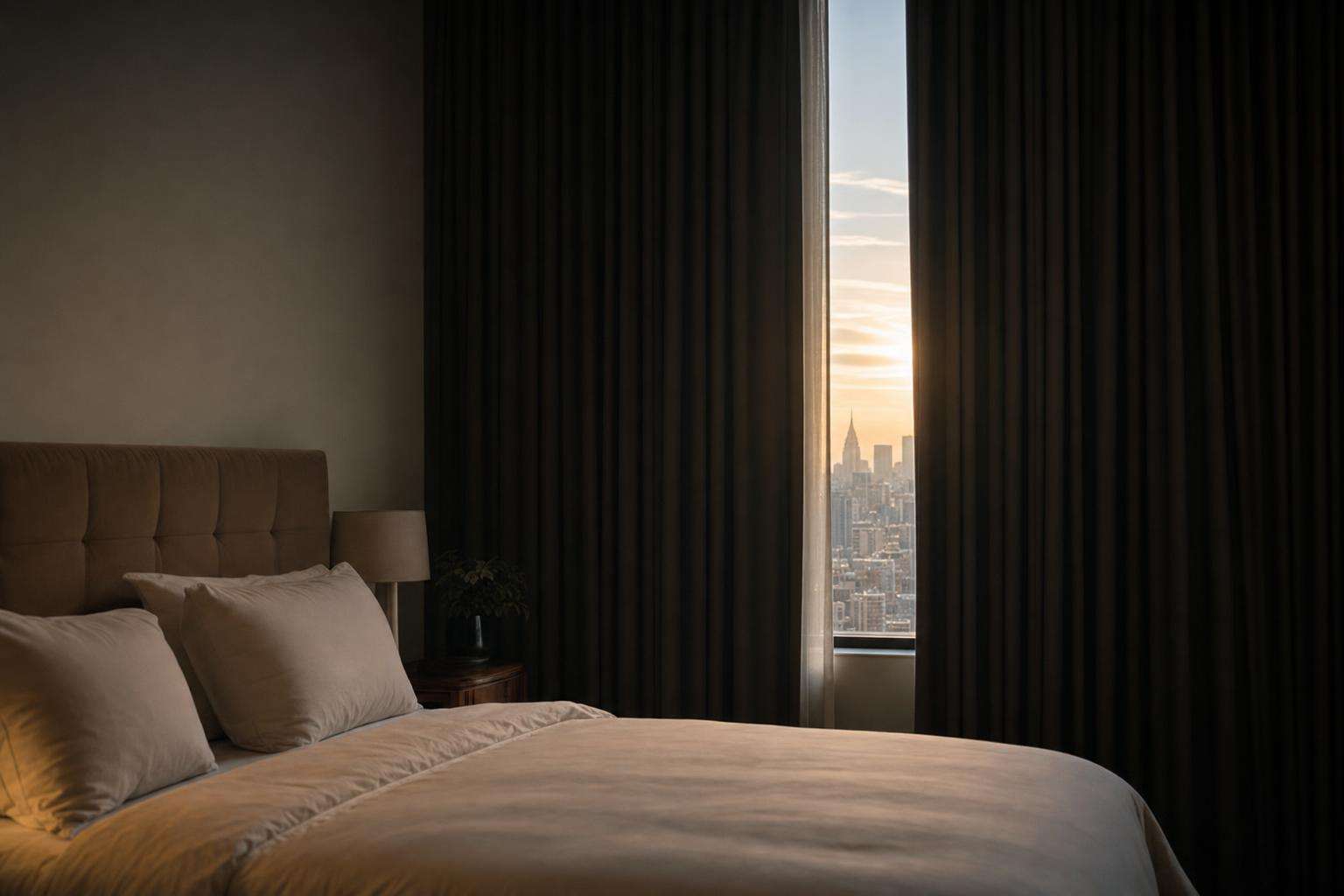Made bed in a dark cool bedroom with sunrise edge light, no people