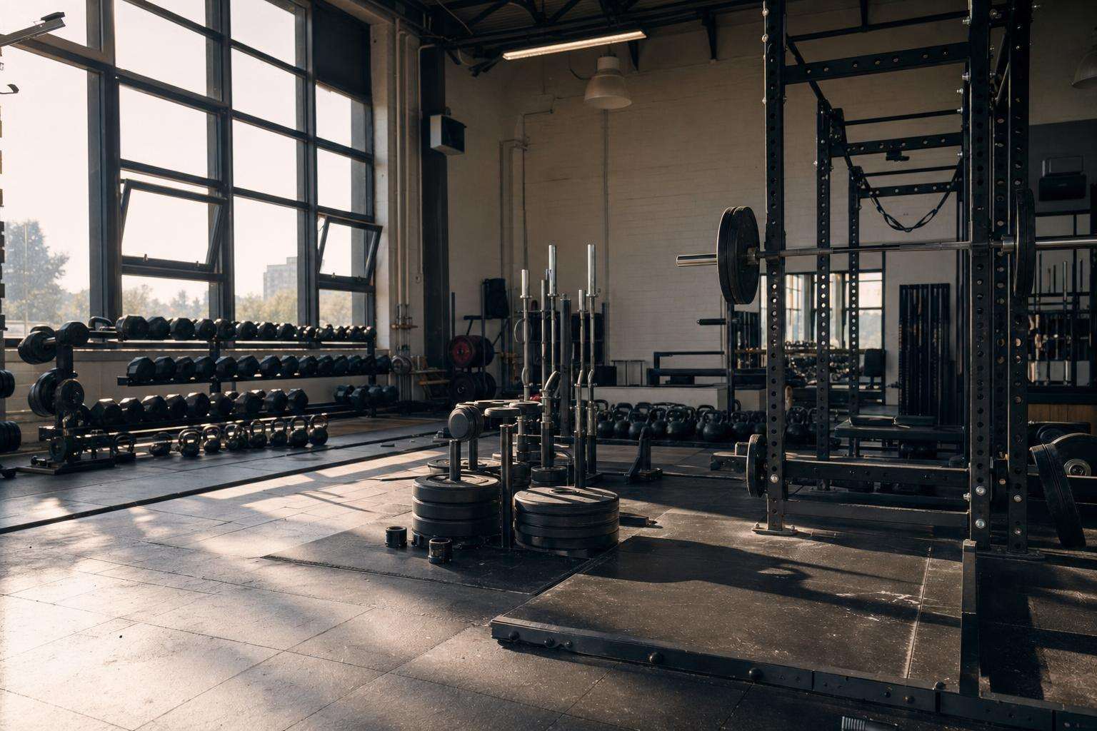 Empty barbell rack and weight plates in a clean strength-training gym with natural side light