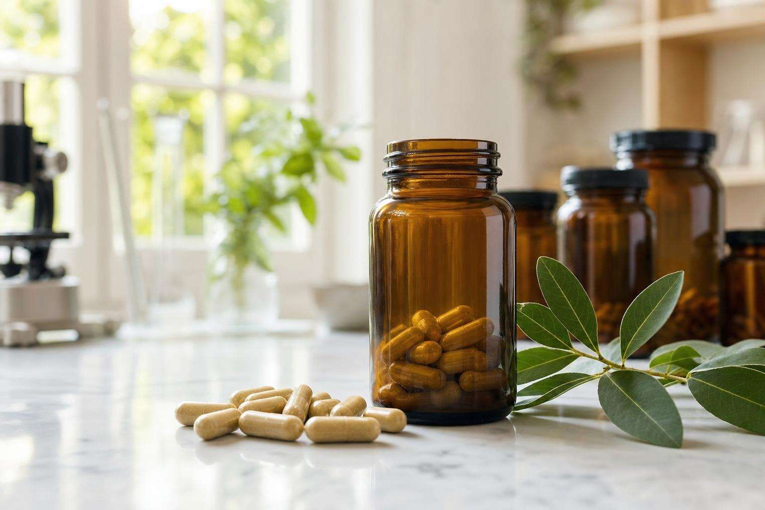 Supplement capsules beside pathway diagram printout, no brand names