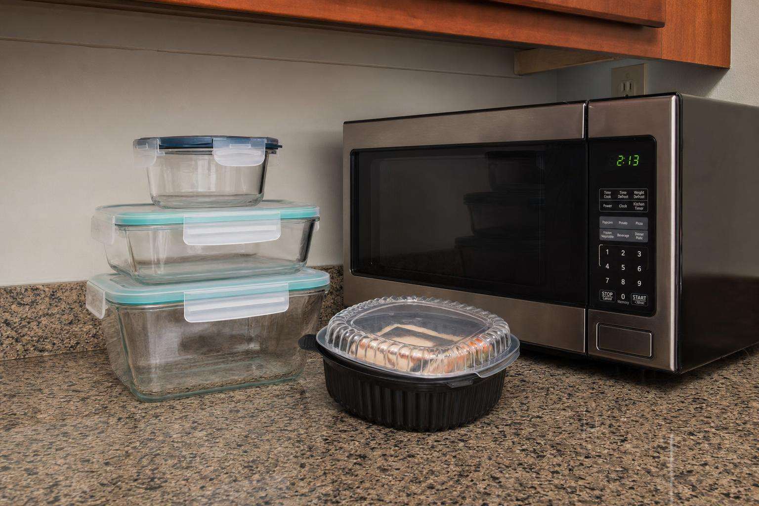 Glass meal-prep containers beside a microwave and a discarded plastic takeout clamshell on a kitchen counter