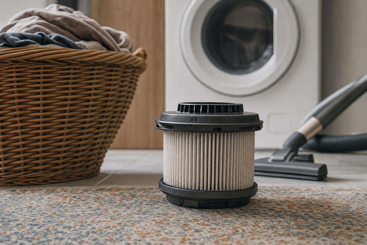 Water filter pitcher HEPA vacuum and laundry basket, no people