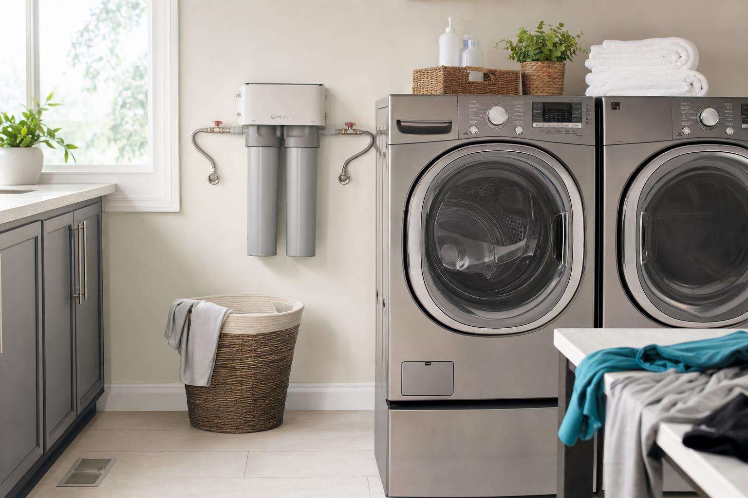 Front-load washing machine with a mesh microfiber filter accessory and folded synthetic athletic clothing