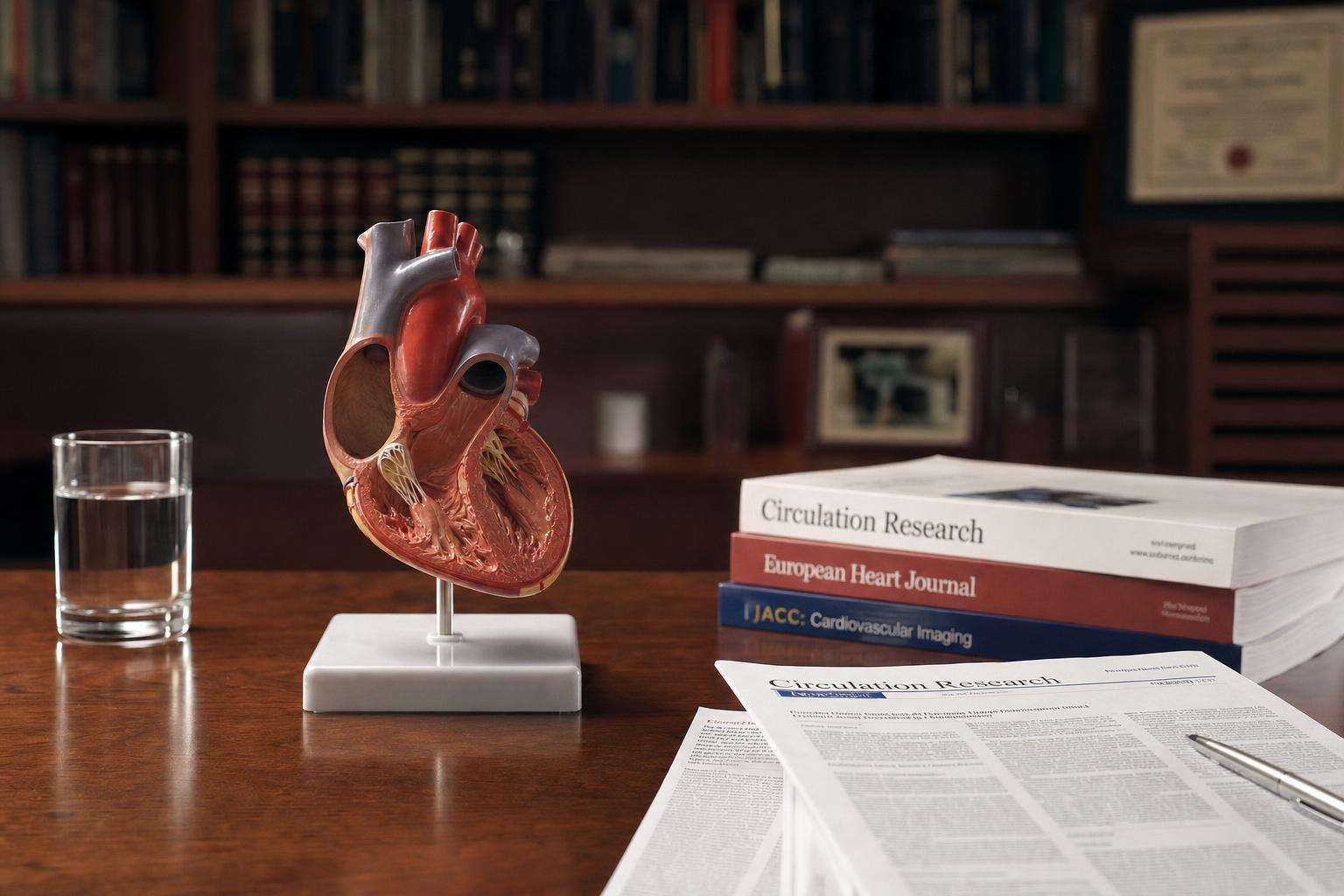 Anatomical heart model beside a glass of water and a scientific journal printout on a clean desk