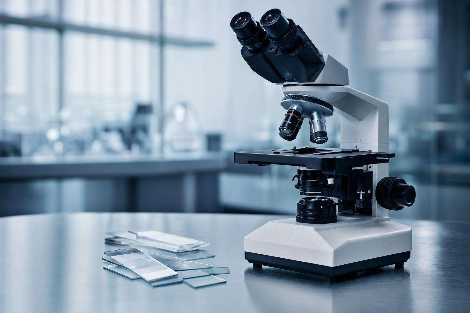 Microscope and glass slides on a research bench with soft focus background, no people