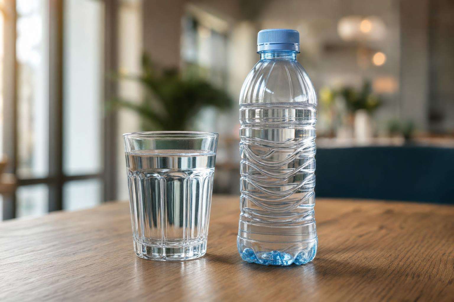Glass of tap water beside single-use plastic bottle, kitchen counter, no people