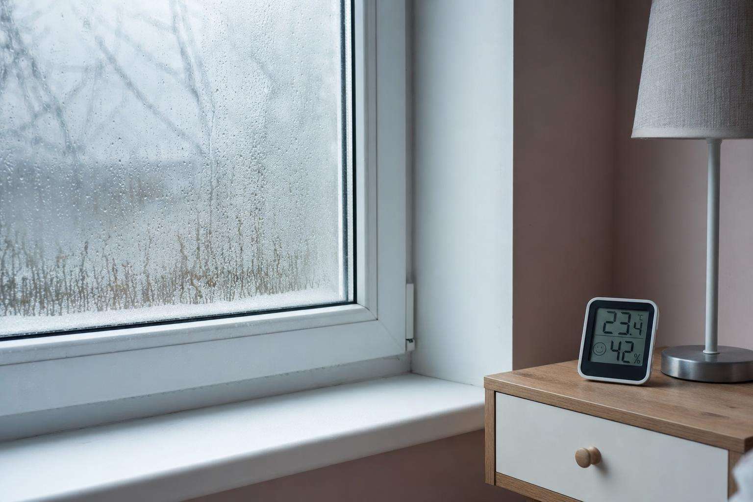 Hygrometer showing high indoor humidity next to a bedroom window with condensation on the glass