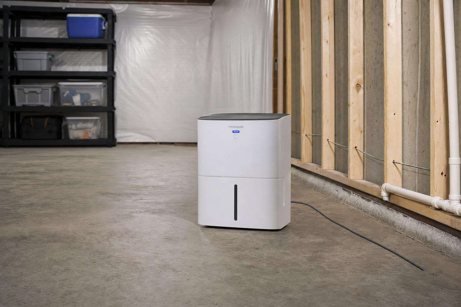 Damp basement corner with dehumidifier silhouette, soft cool light, no people