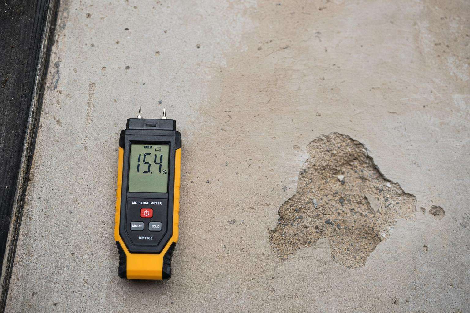 Dust sampling cassette and moisture meter on wood floor, no people