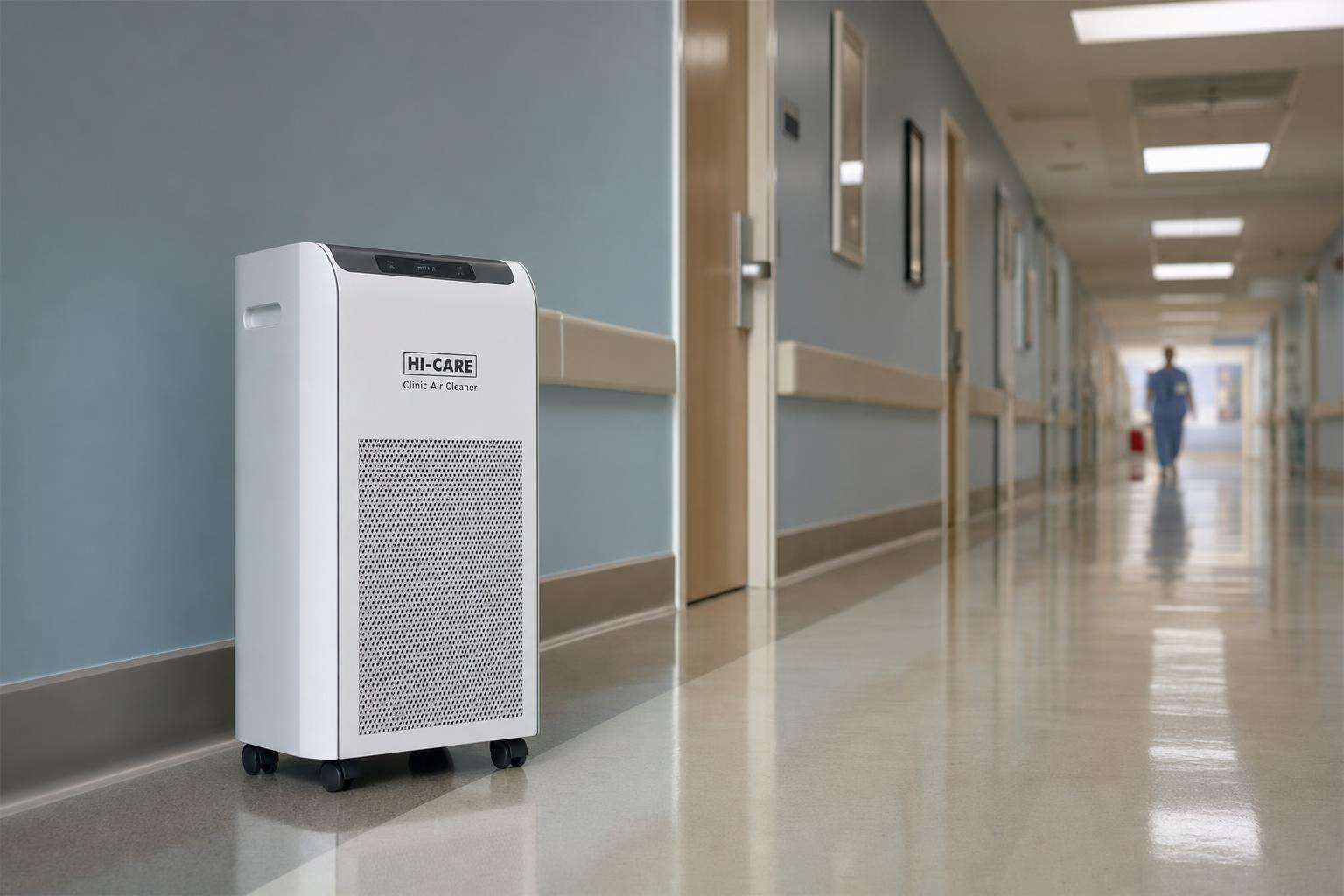 Hospital corridor light and HEPA air cleaner silhouette, conceptual clinical, no people