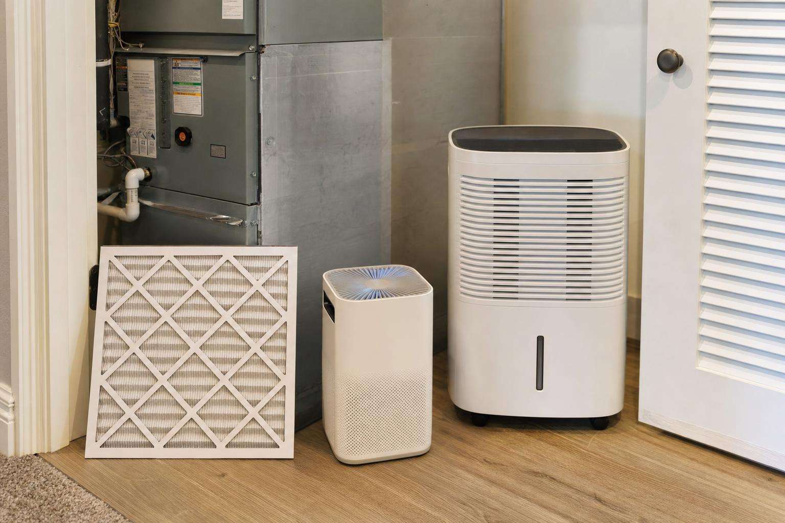HVAC filter and portable air purifier near a dehumidifier, no people