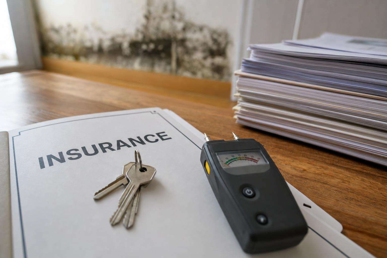 Home insurance papers and moisture meter with keys on table, no people