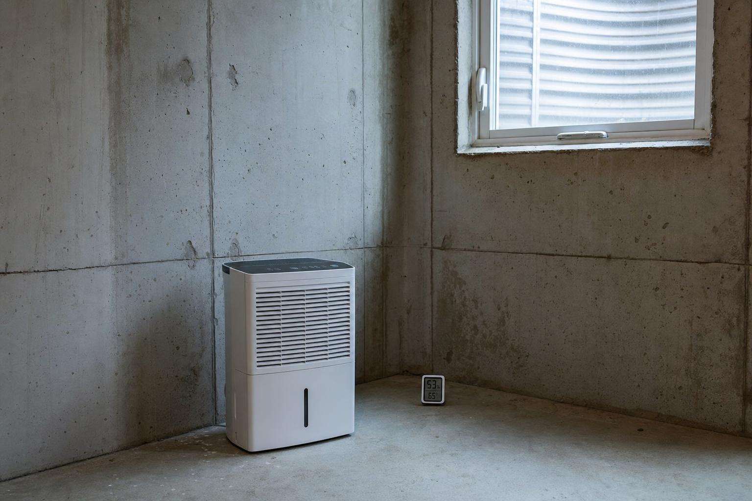 Musty basement corner with dehumidifier and moisture meter, no people