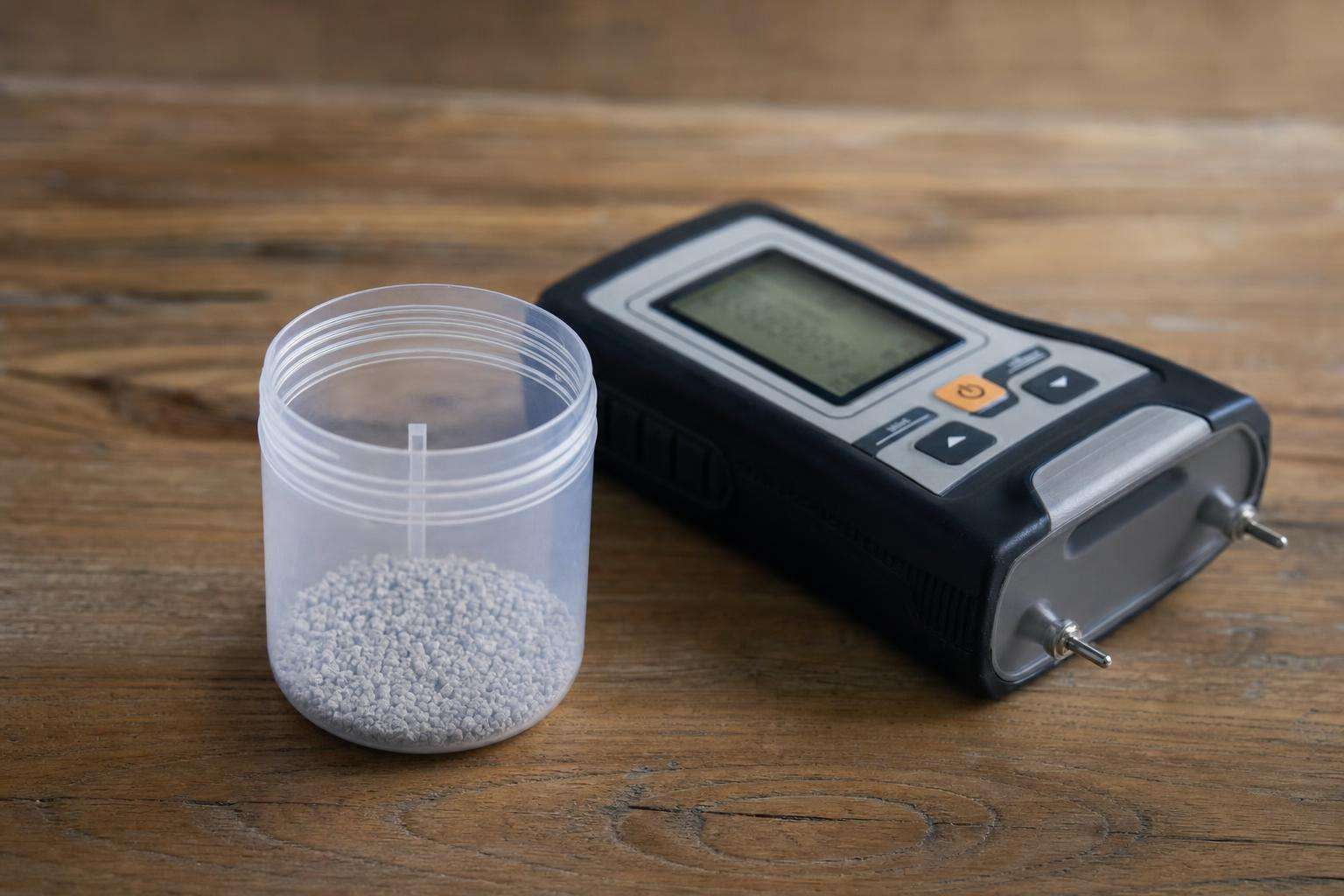 Urine sample cup beside moisture meter on table, no people