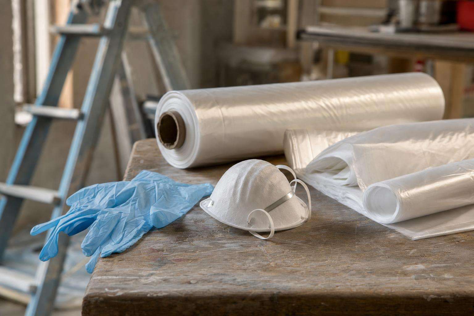 Respirator and gloves with containment sheeting for remediation, no people