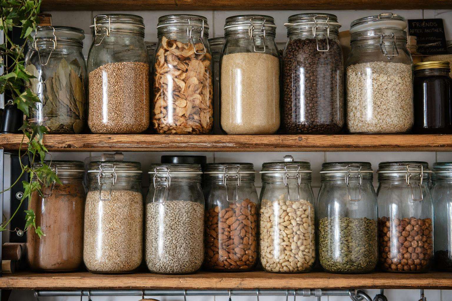 Coffee beans grains and dried fruit in glass jars on pantry shelf, no people