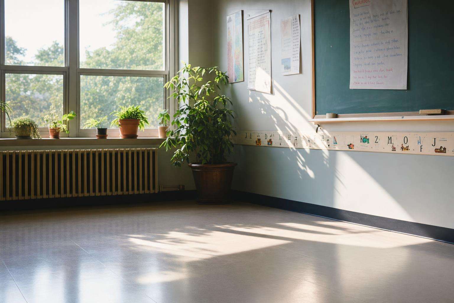 Empty classroom with windows and a dehumidifier concept, no people
