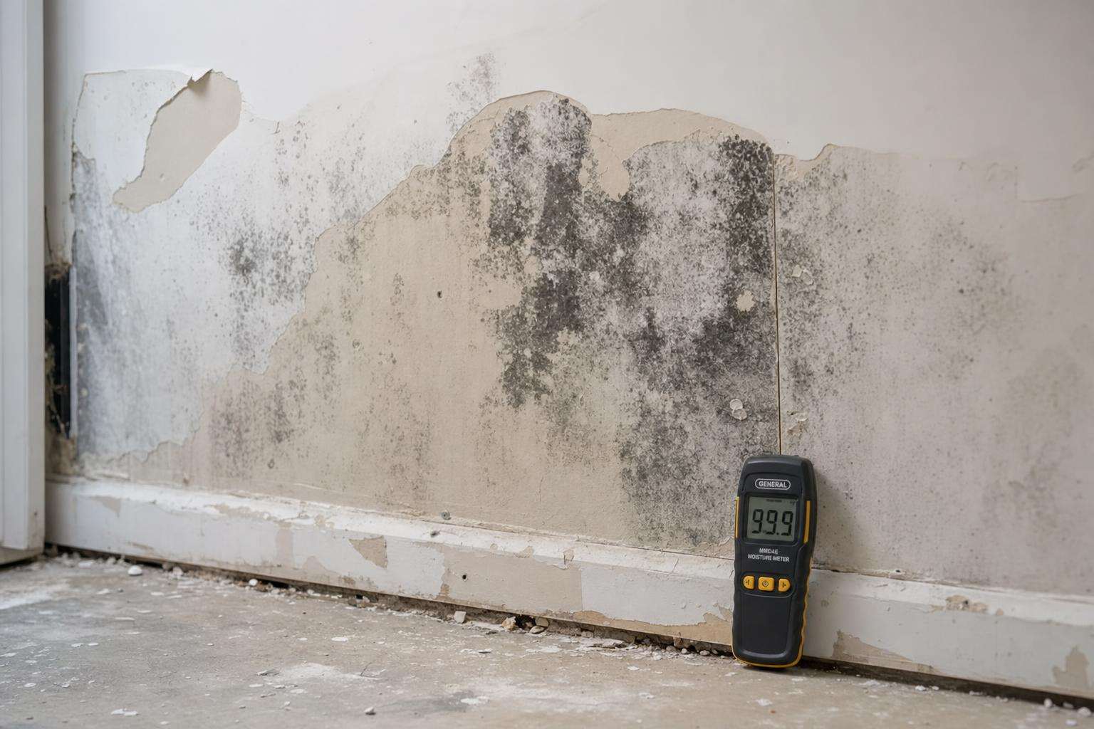 Water-damaged drywall corner with dark mold staining and a moisture meter on the floor nearby